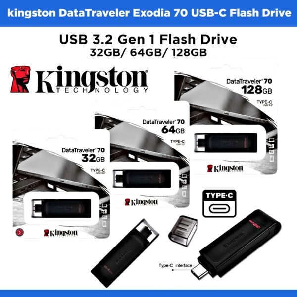 Kingston Data Traveler 70 32GB 64GB 128GB Portable and Lightweight USB-C flash drive with USB 3.2 Gen 1 Speeds DT70, Black