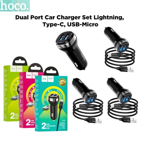 HOCO “Z40 Superior” Dual Port Car Charger Set Lightning, Type-C, USB-Micro
