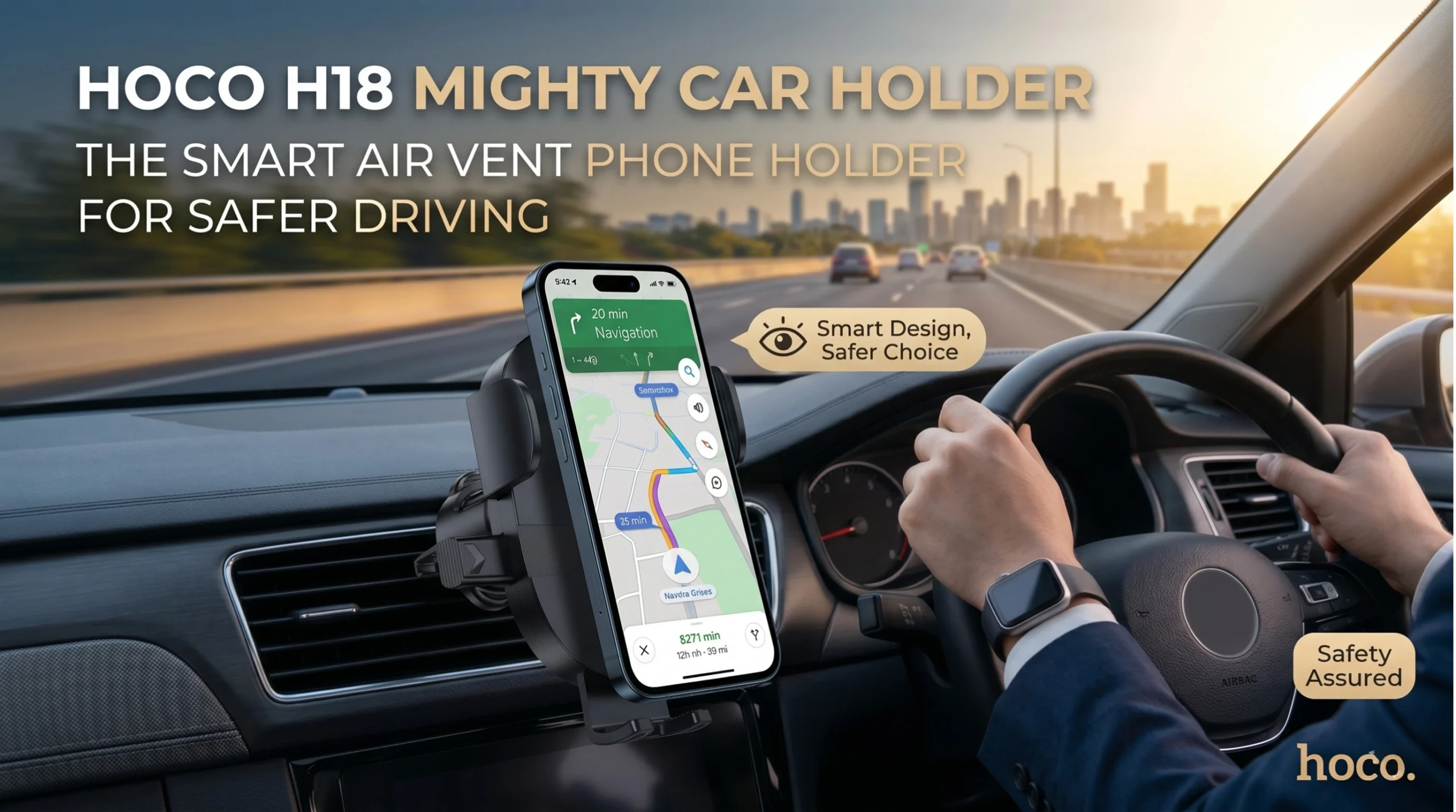 Hoco H18 Smart Air Vent Phone Holder banner showing the product in use inside a car with navigation active and safety features highlighted