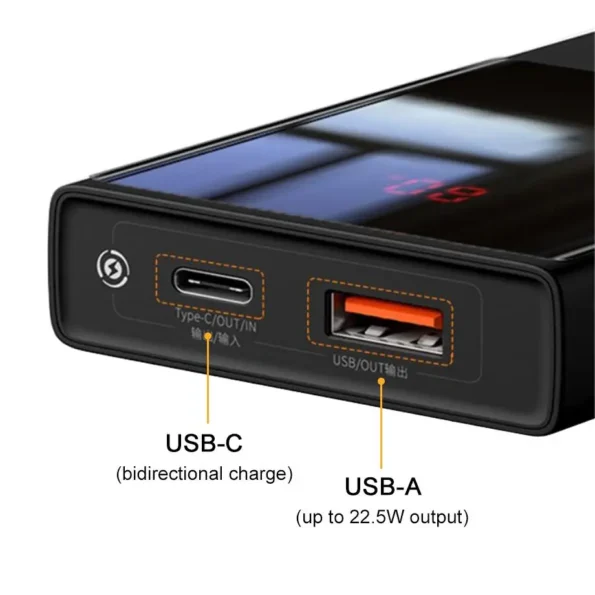 USB-C and USB-A output ports on a portable power bank