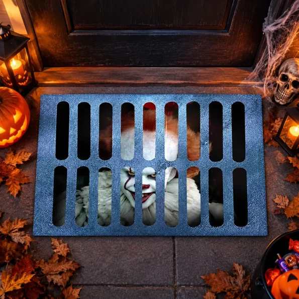 Halloween creepy clown doormat decoration with horror design for a spooky front porch