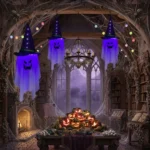 Jsdoin hanging ghost light Halloween decoration with glowing white ghost, grim reaper skull, chains and wizard hat
