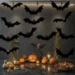 16-piece Halloween flying bat decorations with glowing eyes for indoor and outdoor displays