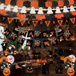 AMLOOPH indoor Halloween decoration set with Happy Halloween banner, pumpkin bat and ghost bunting, Trick or Treat sign and spooky hanging décor