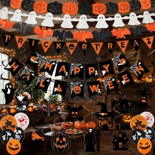 AMLOOPH indoor Halloween decoration set with Happy Halloween banner, pumpkin bat and ghost bunting, Trick or Treat sign and spooky hanging décor