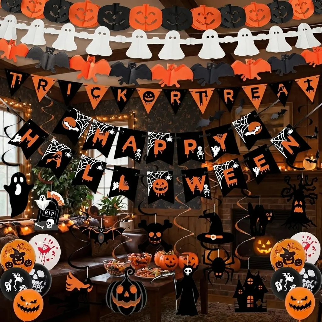 amlooph-halloween-decorations-indoor-set-banner-bunting AMLOOPH indoor Halloween decoration set with Happy Halloween banner, pumpkin bat and ghost bunting, Trick or Treat sign and spooky hanging décor