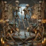 Six white 40cm Halloween skeleton decorations with movable joints arranged in spooky poses for indoor and outdoor displays