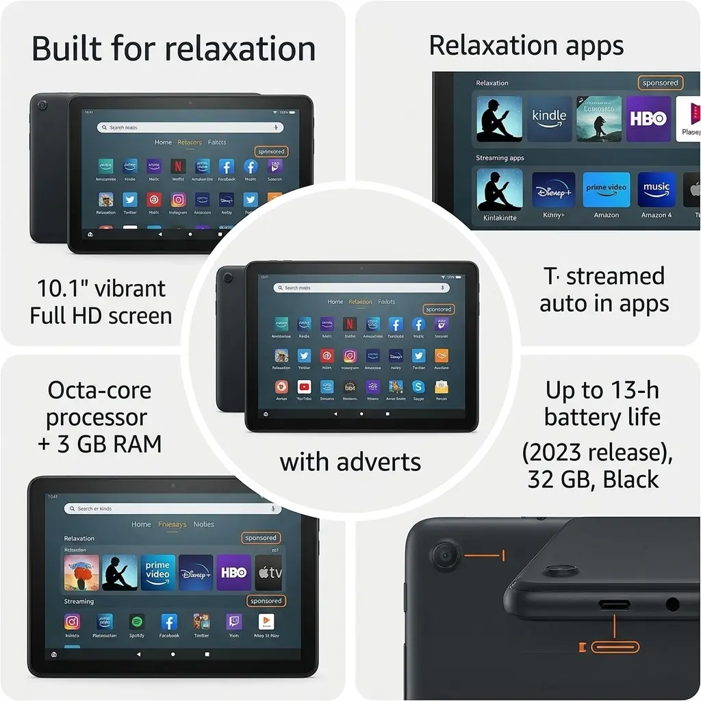 amazon-fire-hd-10-tablet-2023-32gb-black Amazon Fire HD 10 2023 tablet in Black with 10.1-inch Full HD display and 32GB storage