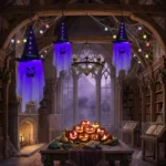 Jsdoin hanging ghost light Halloween decoration with glowing white ghost, grim reaper skull, chains and wizard hat