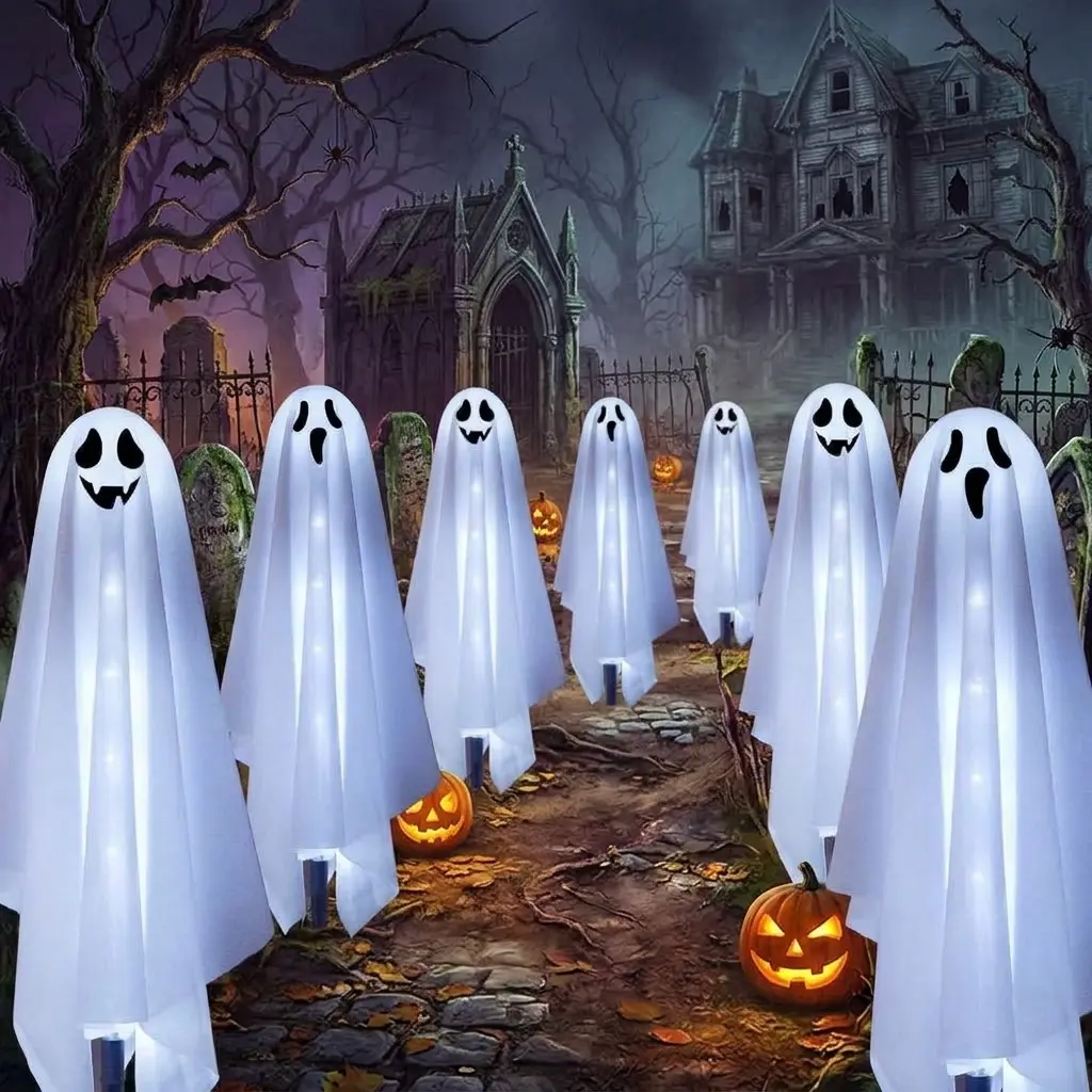 solar-ghost-stake-lights-set-of-6-halloween Set of 6 solar ghost stake lights with cool white illumination for outdoor Halloween garden and pathway decorations