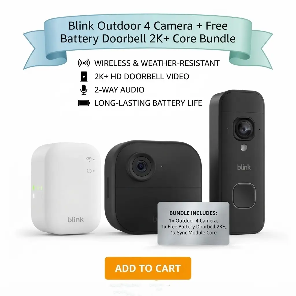 blink-outdoor-4-camera-doorbell-bundle Blink Outdoor 4 Camera bundle with Blink Battery Doorbell 2K+ and Sync Module Core