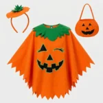 3pc Halloween pumpkin costume for women with glow-in-the-dark poncho, headband and trick or treat bag
