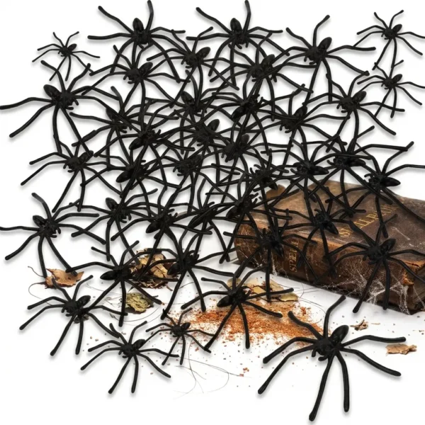 obqo 100 pieces black Halloween plastic spiders for spooky party decorations and realistic scary prank displays