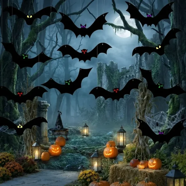 16-piece Halloween flying bat decorations with glowing eyes for indoor and outdoor displays