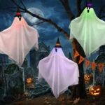 Three 80cm CNMTCCO hanging Halloween ghosts wearing wizard hats with colourful lights and three lighting modes