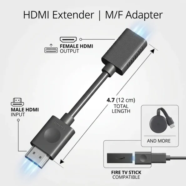 4.7-inch HDMI extender adapter with male-to-female connectors for Fire TV Stick and compatible HDMI devices