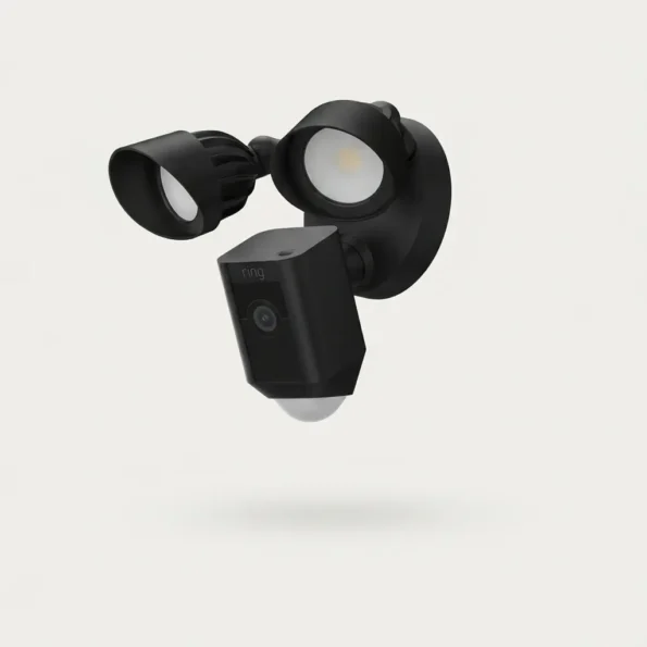 Ring Floodlight Cam Wired Plus Black outdoor security camera with LED floodlights