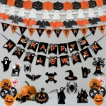 AMLOOPH indoor Halloween decoration set with Happy Halloween banner, pumpkin bat and ghost bunting, Trick or Treat sign and spooky hanging décor
