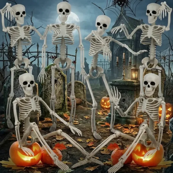 Six white 40cm Halloween skeleton decorations with movable joints arranged in spooky poses for indoor and outdoor displays