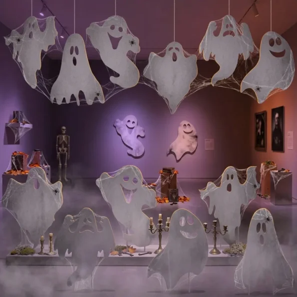 OuMuaMua set of 6 Halloween ghost yard signs with spooky faces and ground stakes for outdoor lawn and garden decorations