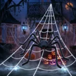 200-inch triangular Halloween spider web with a 59-inch giant hairy fake spider for indoor and outdoor decorations