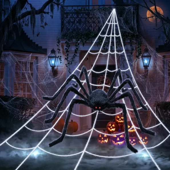 200-inch triangular Halloween spider web with a 59-inch giant hairy fake spider for indoor and outdoor decorations