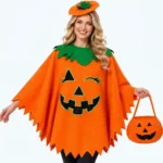 3pc Halloween pumpkin costume for women with glow-in-the-dark poncho, headband and trick or treat bag