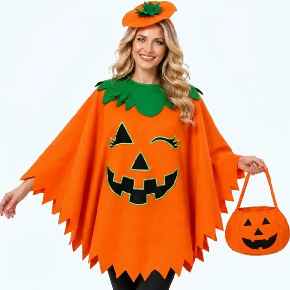 3pc Halloween pumpkin costume for women with glow-in-the-dark poncho, headband and trick or treat bag