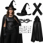 5-piece women's Halloween witch costume set with spider hat, black gloves, hooded cloak, spider stickers and lace eye mask