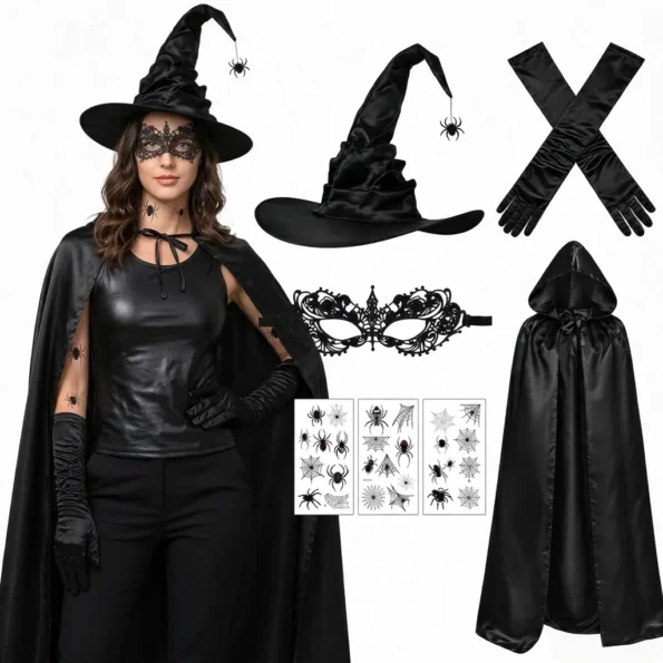 5-piece women's Halloween witch costume set with spider hat, black gloves, hooded cloak, spider stickers and lace eye mask