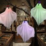 Three 80cm CNMTCCO hanging Halloween ghosts wearing wizard hats with colourful lights and three lighting modes