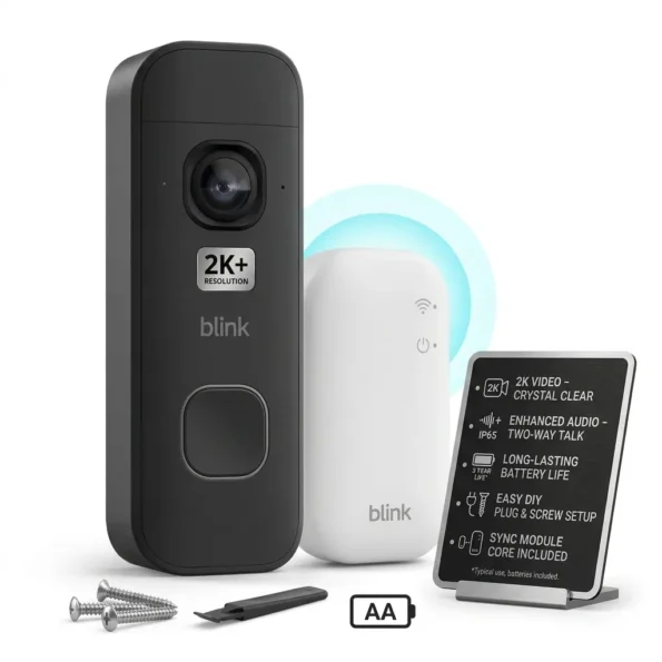 Blink Battery Doorbell 2K+ in Black with Sync Module Core