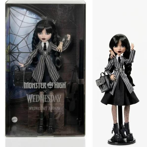 Monster High Wednesday Addams collector doll HXJ04 in black Nevermore Academy uniform with Thing and accessories