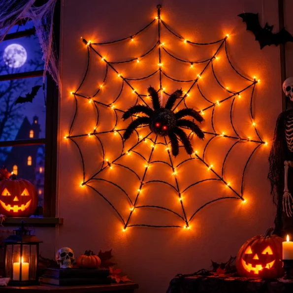 CNMTCCO Halloween spider web lights with plush spider, 3FT 100CM indoor spooky decoration