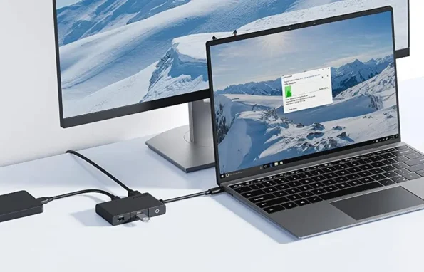 Laptop connected to an external monitor using a compatible USB-C hub