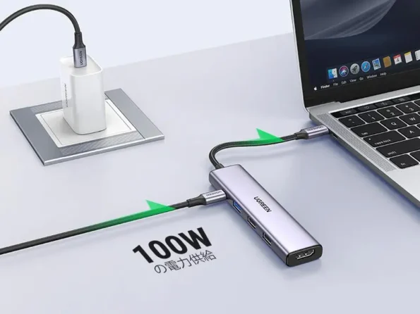 USB-C hub connected to a compatible laptop charger and laptop