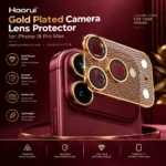 Gold-plated camera lens protector designed for iPhone 18 Pro Max