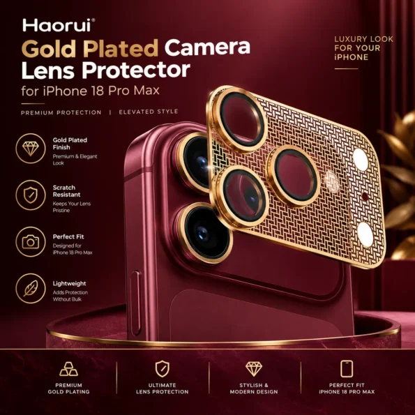 Gold-plated camera lens protector designed for iPhone 18 Pro Max