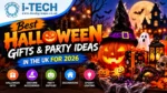 Halloween gifts and party ideas with pumpkins, witch accessories and spooky decorations