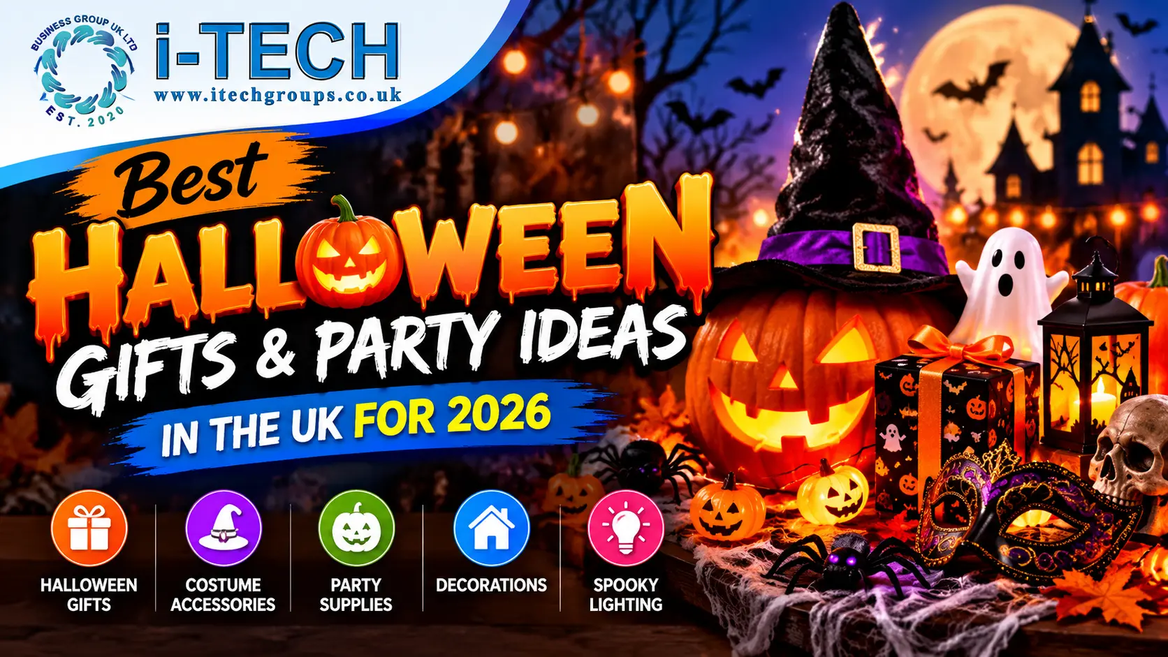 Halloween gifts and party ideas with pumpkins, witch accessories and spooky decorations